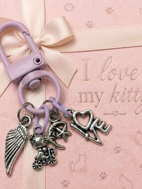 I Love My Kitty Cat Silver Charms Handcrafted Pink Zipper Bag Clip Keychain